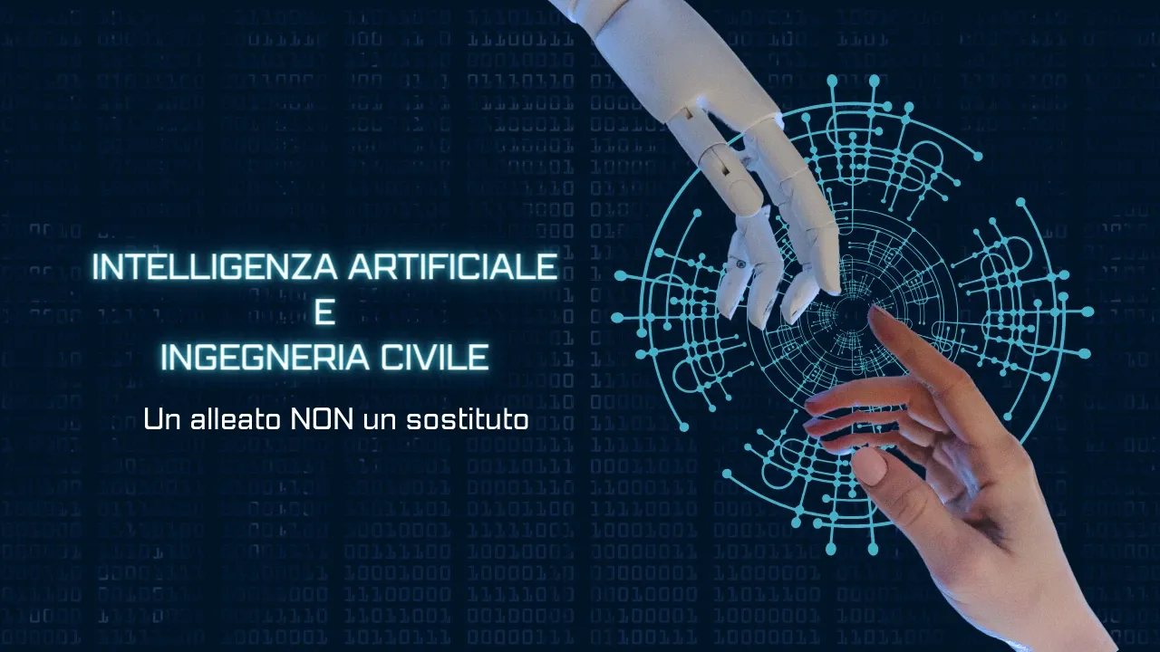 A robotic hand and a human hand reaching towards each other over a circuit background, with the title Artificial intelligence and civil engineering