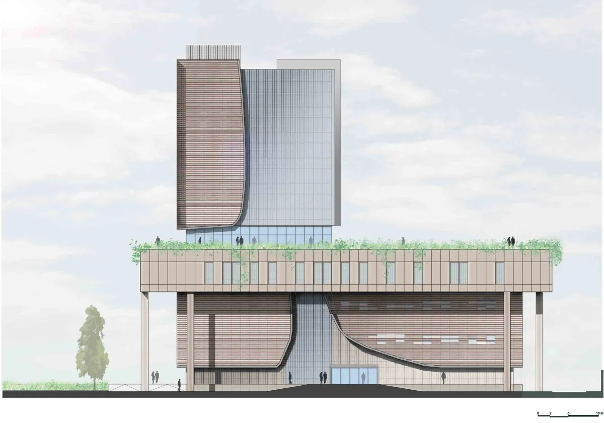 Prospetto di concept di un ospedale con una torre vetrata su una piastra con tetto verde