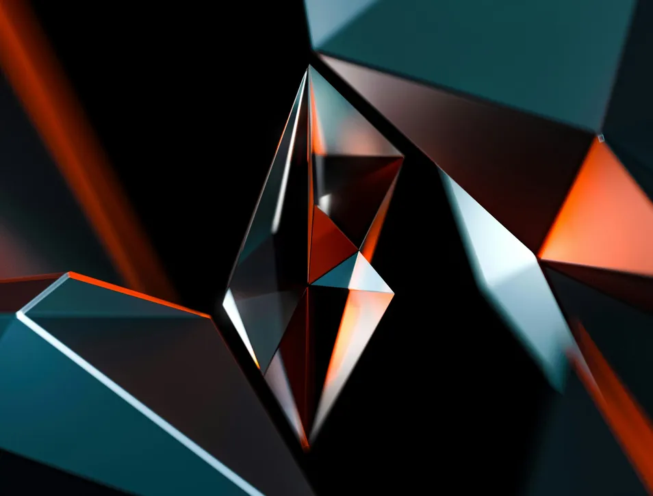 Render astratto di forme sfaccettate in vetro scuro illuminate di arancione e teal