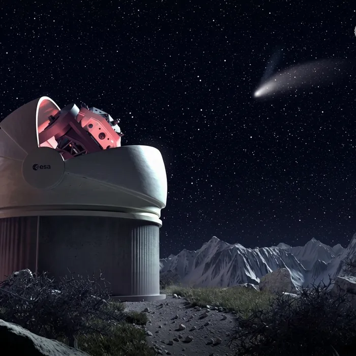 Rendering notturno dell’osservatorio del telescopio Flyeye con la cupola aperta, le montagne sullo sfondo e una cometa nel cielo stellato