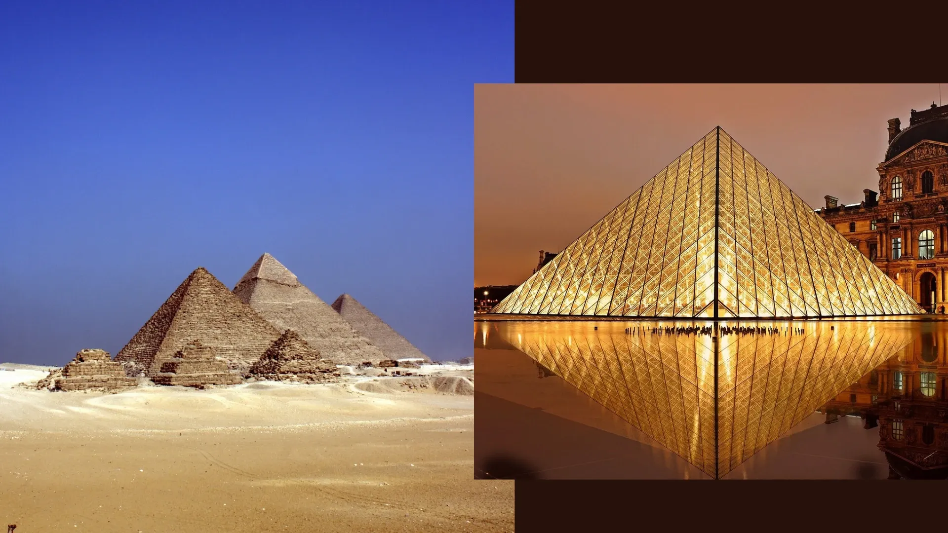 The Pyramids of Giza next to the glass pyramid of the Louvre