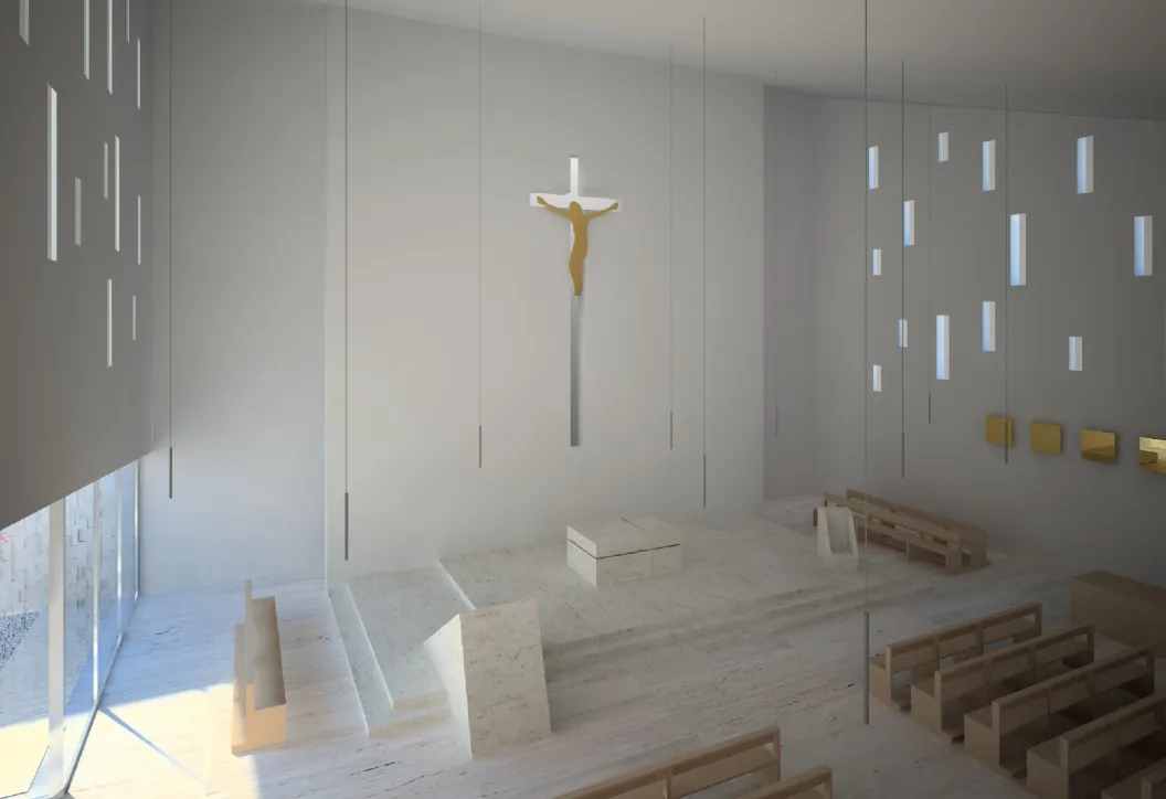 Rendering dell'aula liturgica con le aperture verticali nella parete
