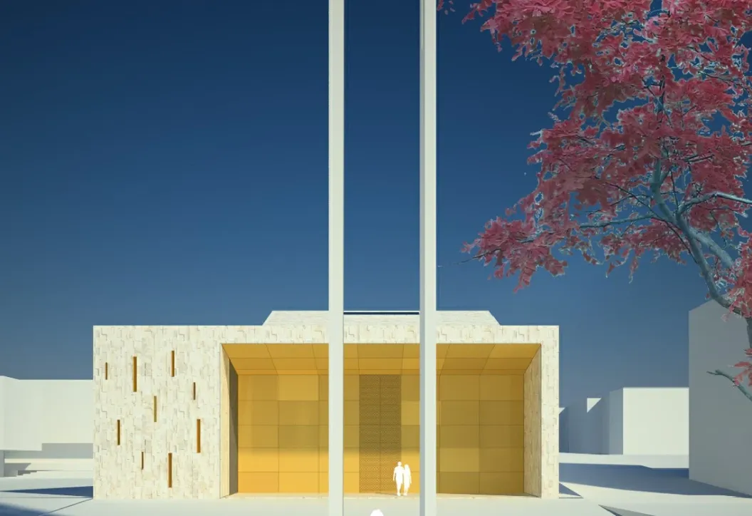 Rendering notturno del campanile e dell'ingresso