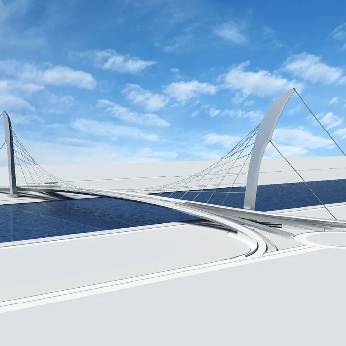 Render del ponte strallato con due piloni ad arco e impalcato curvo che attraversa un canale
