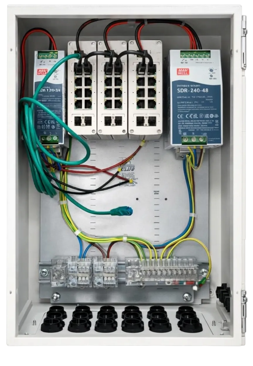 Vista frontale di MonStr Panel aperto, con switch ethernet industriali, alimentatori, morsettiere e pressacavi