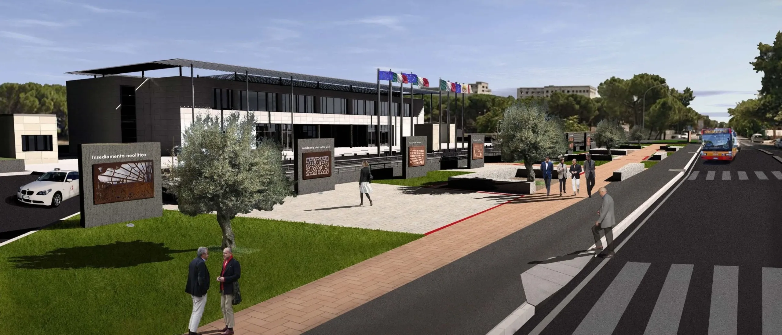 Rendering of the new entrance to the Foggia Fairgrounds, with the office building, flags, the tree-lined pedestrian walkway and the road in the foreground