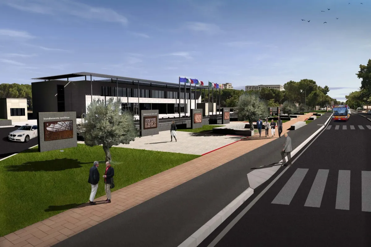 Rendering del progetto per le nuove infrastrutture del Quartiere Fieristico di Foggia, aggiudicato con appalto integrato