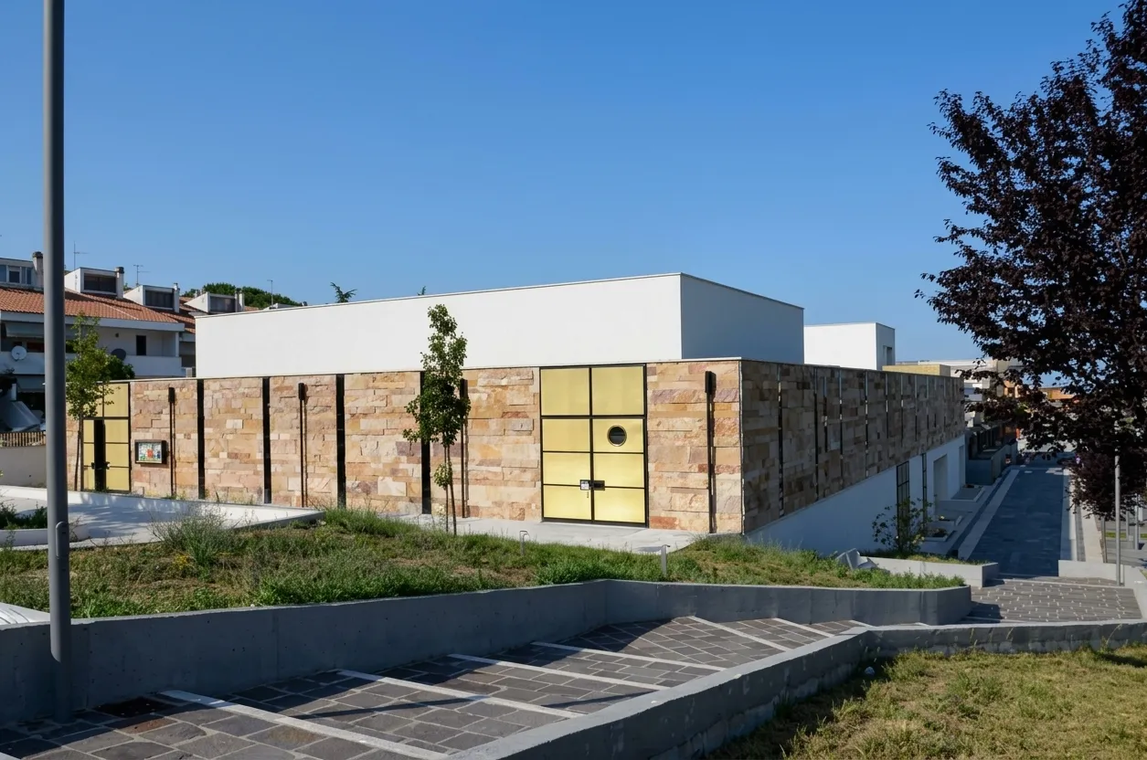 Rendering dall’alto del Complesso Parrocchiale “Il Risorto” con la chiesa dalla copertura inclinata al centro