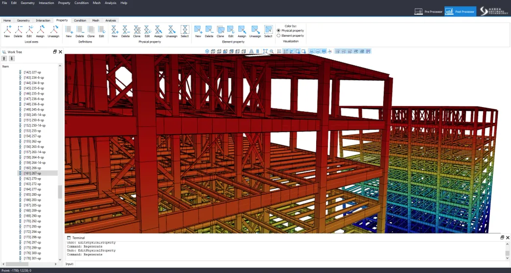 STKO preprocessor showing the 3D model of a steel frame building