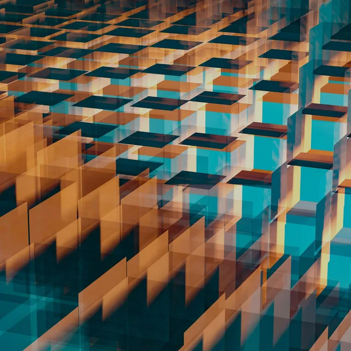 An abstract render of translucent orange and teal blocks