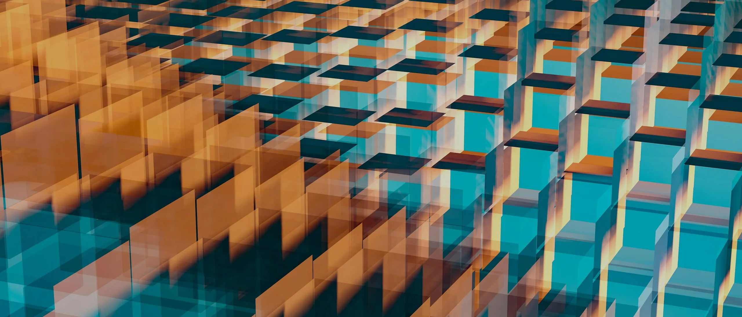 An abstract render of translucent orange and teal blocks