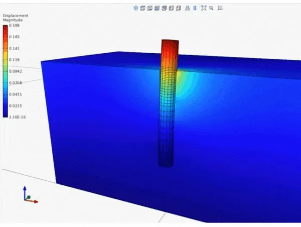 Displacement map of a pile embedded in a soil block in the STKO postprocessor