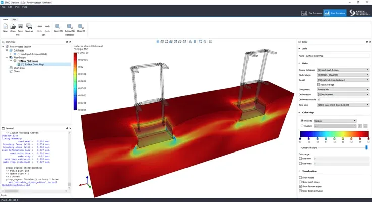 STKO post-processor showing the strain map of a soil-structure interaction model