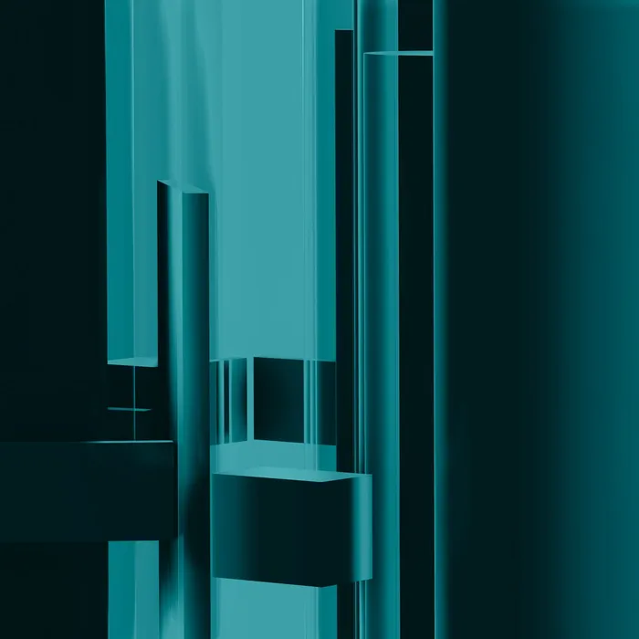 An abstract render of interlocking teal blocks