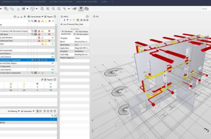Clash detection in a BIM model, with building services highlighted between the walls