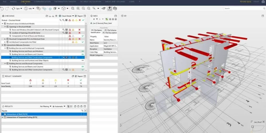 Clash detection in a BIM model, with building services highlighted between the walls